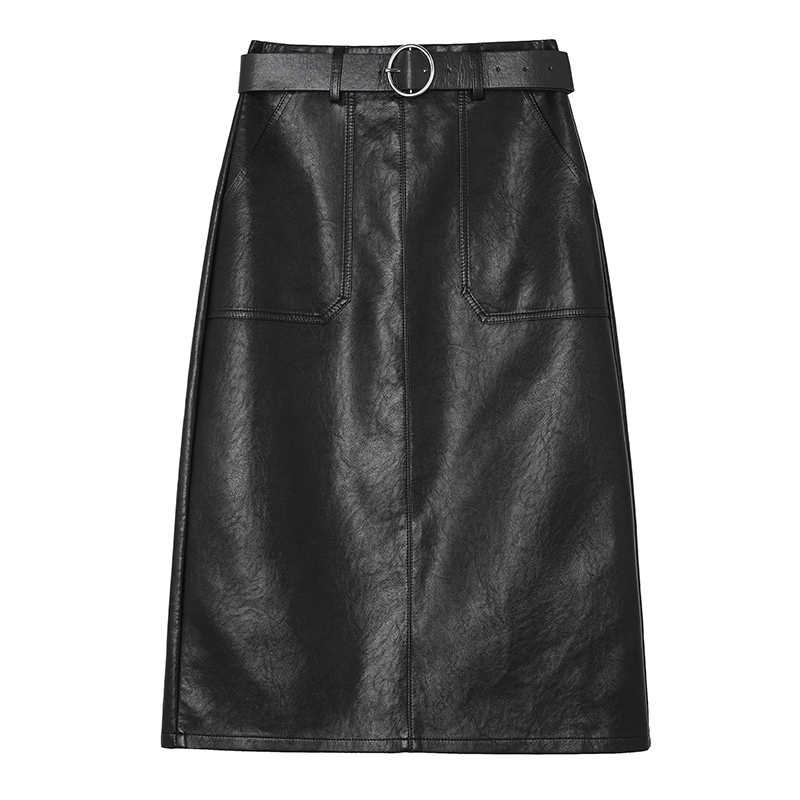 REALEFT Autumn Winter Black PU Leather Elegant Pencil Midi Skirts Pockets High Waist Back Split Sheath Wrap Skirts with Belt 210309