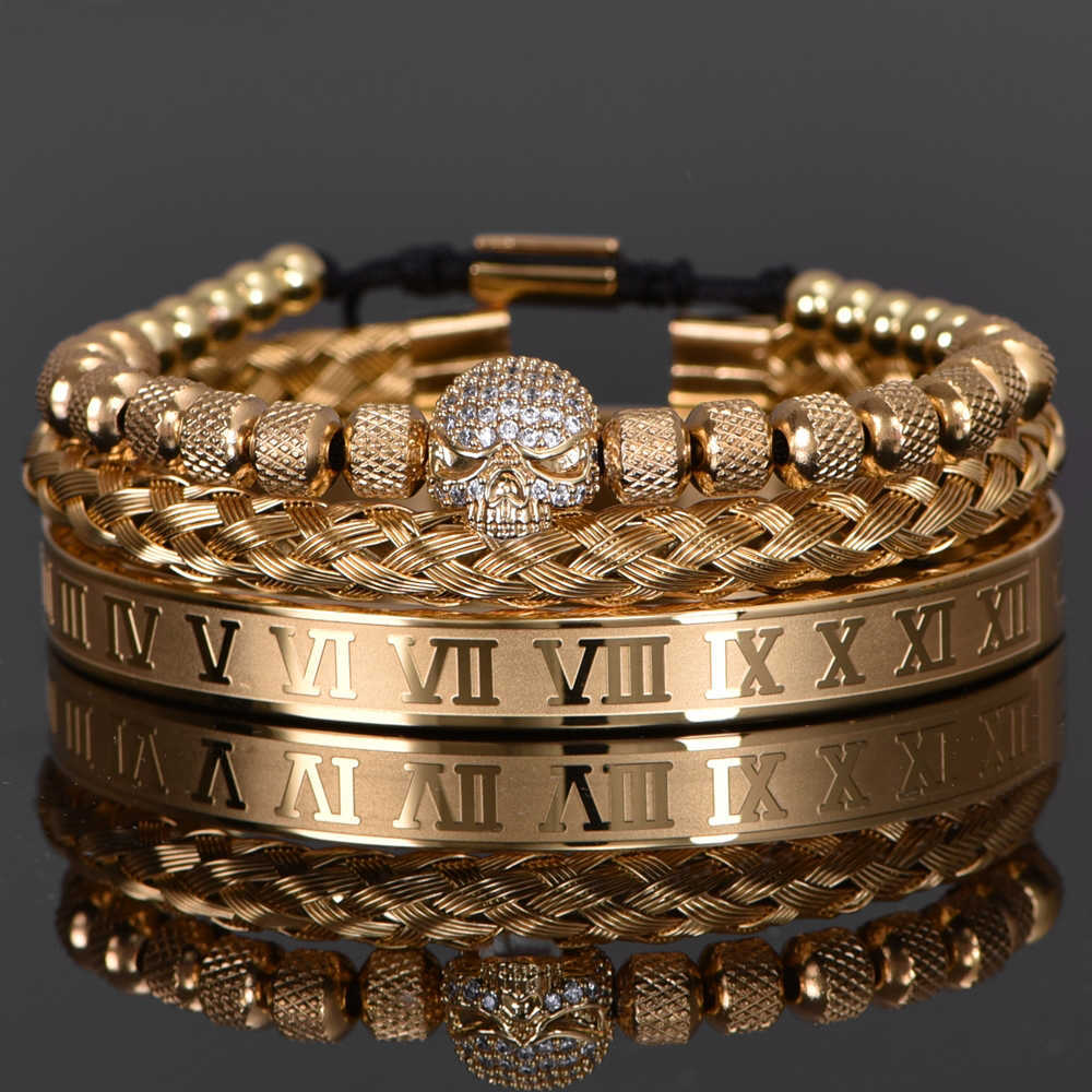 3pcs/Set Handmade Men Bracelet Micro Pave CZ Skeleton Skull Roman Numeral Hemp Rope Buckle Open Stainless Steel Bangles 210910