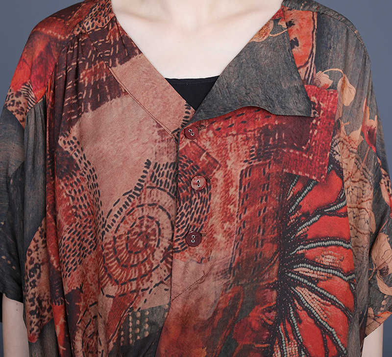 Summer Silk Irregular Drawstring Print Plus Size Retro V-Neck A Line Dresses for Women 210615Z