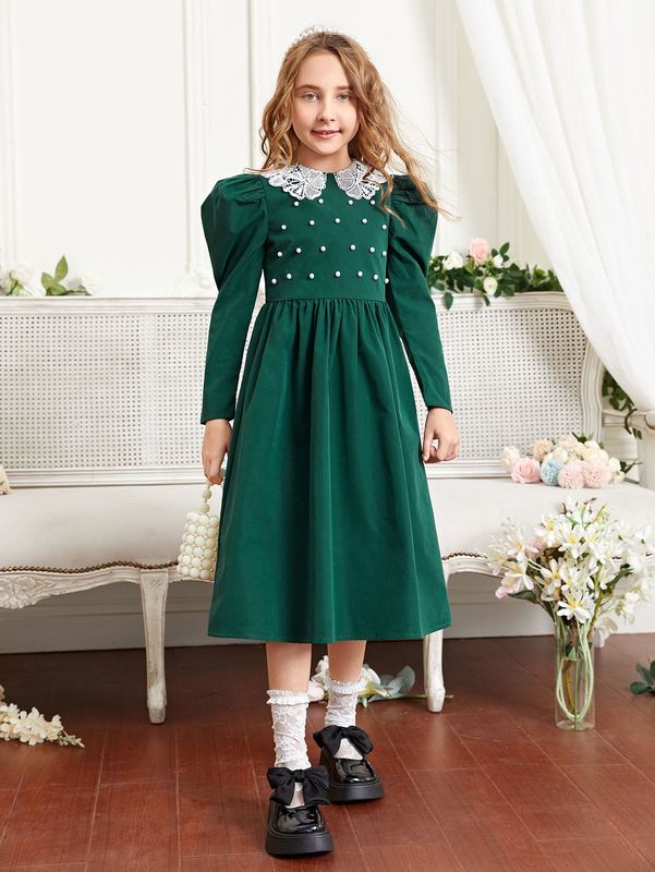 Girls Gigot Sleeve Pearl Beaded Guipure Lace Detail Dress SHE