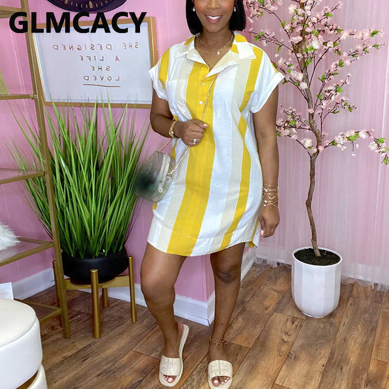 Short Sleeve Striped Button Down Mini Dress Casual Summer Shirt Dresses 210702