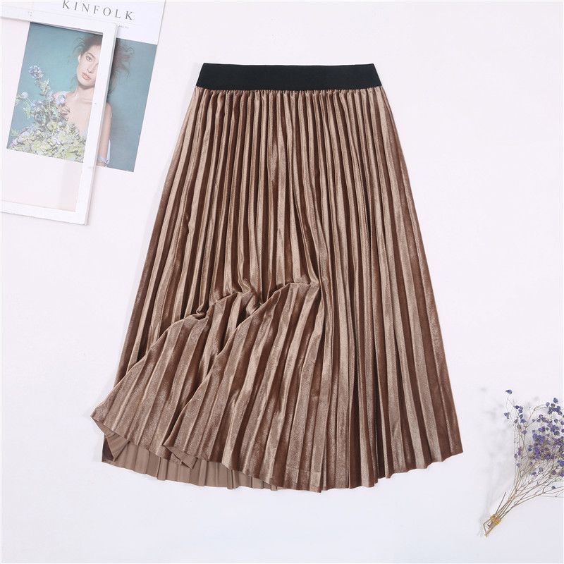 Ladies Vintage Autumn Winter Women Velvet Skirt High Waisted Elegant Sexy Skinny Black Pleated Skirts Female Maxi Skirts Womens 210306
