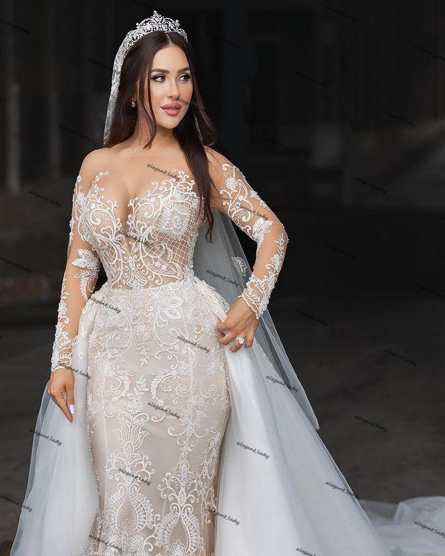 Princess Lace Mermaid Wedding Dresses Two Pieces Illusion Bridal Gowns Arabic Aso Ebi Long Sleeves Detachable Train Marriage