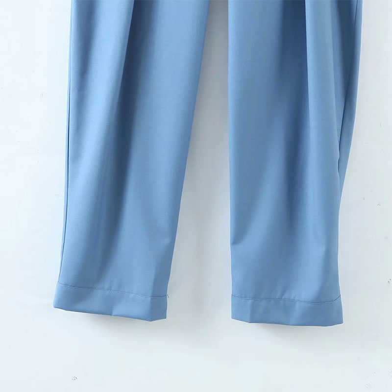 Pant Women Long s with High Wasit Wide Leg Solid Blue England Casual Summer Ankle Length Trousers 04 210628
