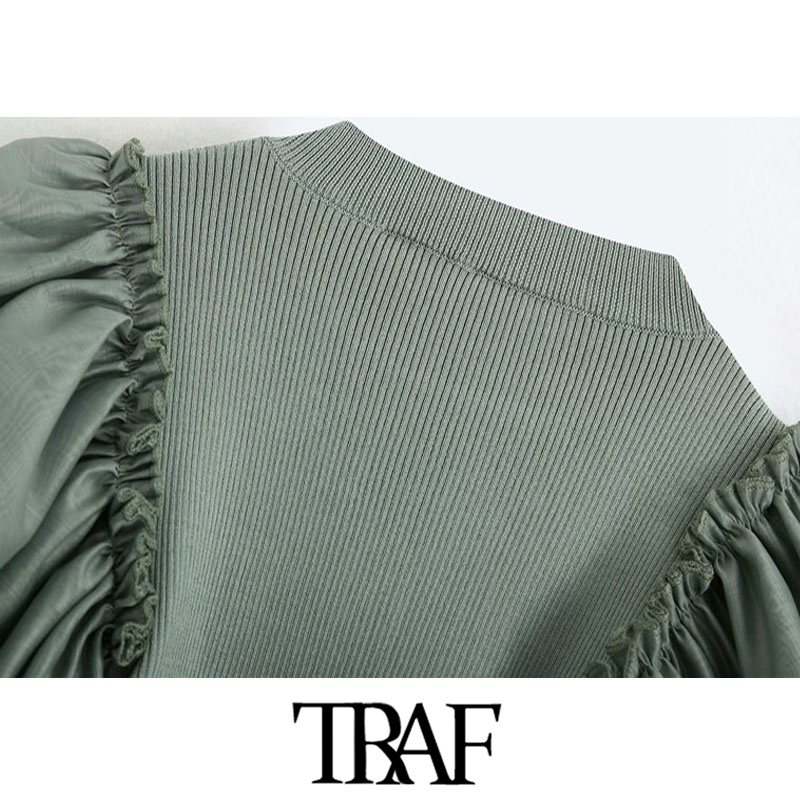 TRAF Women Fashion With Ruffled Stretch Slim Cropped Knitted Blouses Vintage O Neck Long Sleeve Female Shirts Chic Tops 210225