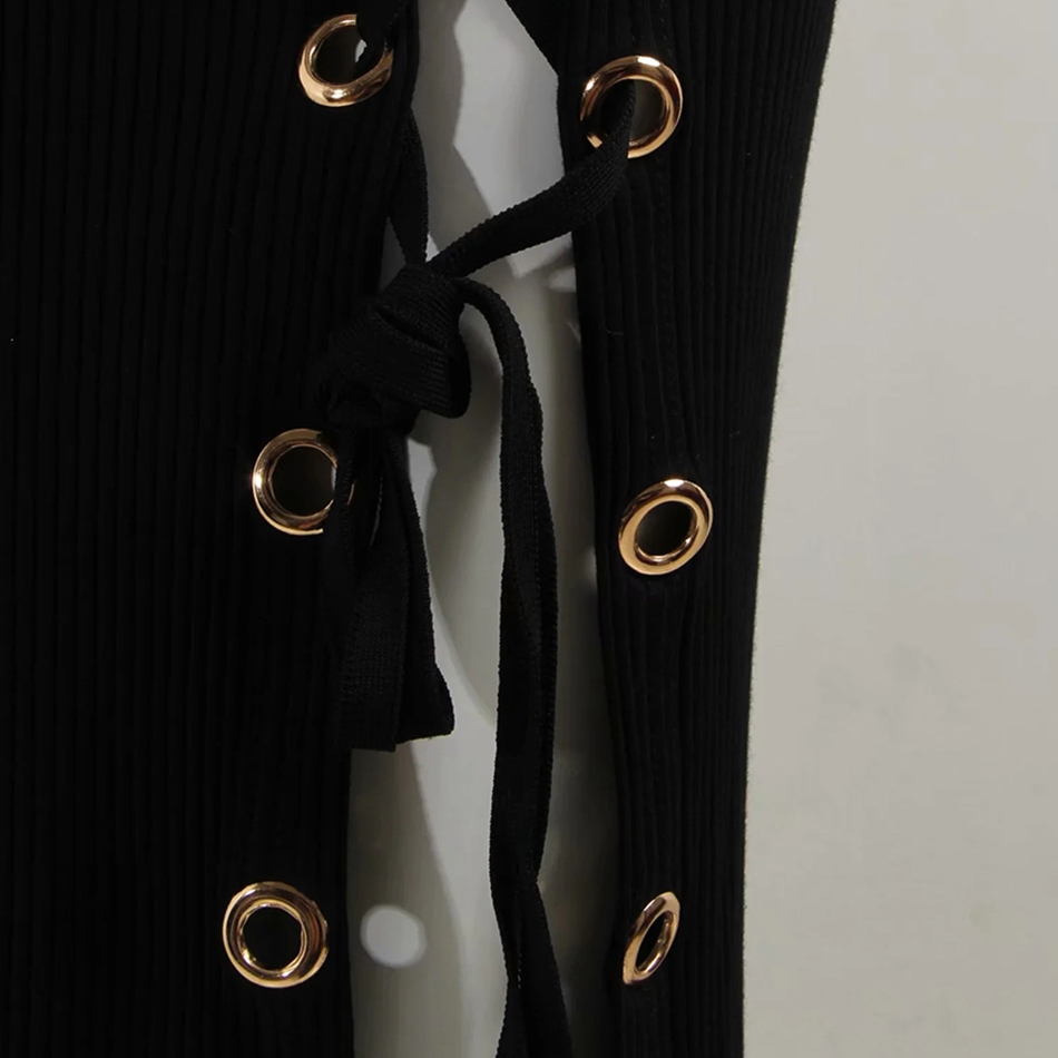 Fashion Black Long Dress Elegant Lace-out Hollow Bodycon Vestidos Sexy Sleeve Crew Neck Celebrity Party 210525