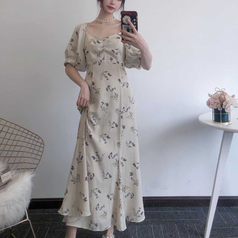 Sweet Puff Short Sleeve Dresses for Women Temperament Square Collar Print Woman Dress Summer Elegant Vestidos De Mujer 210525