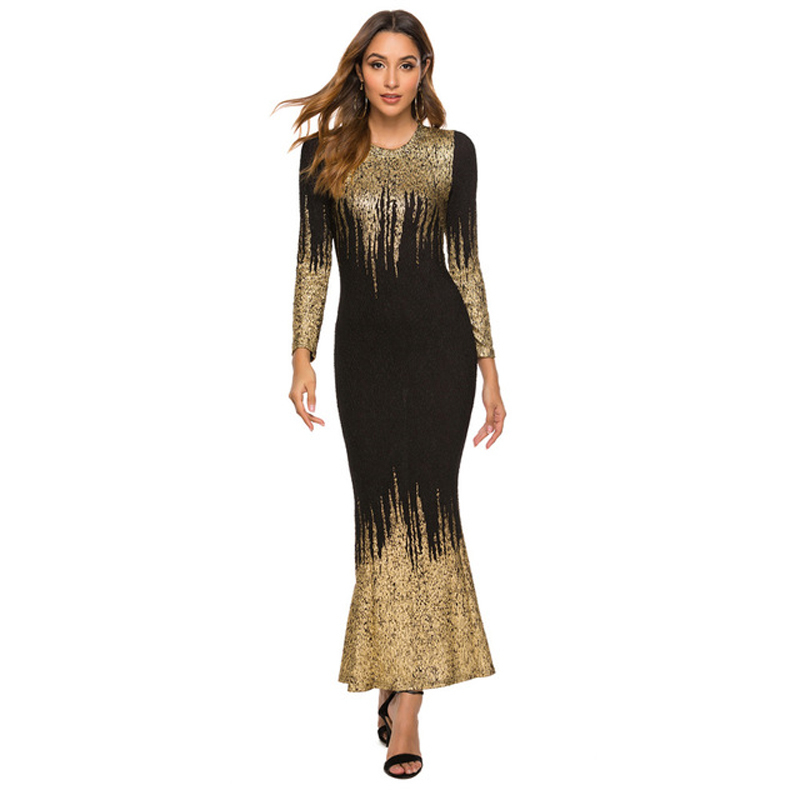 Autumn Winter Dress Women Elegant Gold Foil Slim Long Dress Fashion Bronzing Foam Long Sleeve ONeck Dresses Female High Quality 201008