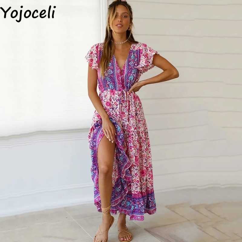Yojoceli Elegant boho print ruffle wrap dres Summer sexy v neck beach long Casual cool bohemian maxi vestidos 210609