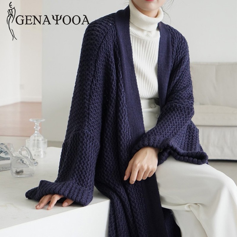 Genayooa Casual Cardigans Long Sweater Women Long Sleeve Knit Cardigan Oversized Solid Loose Cardigan Coat Women Korean Winter 210218