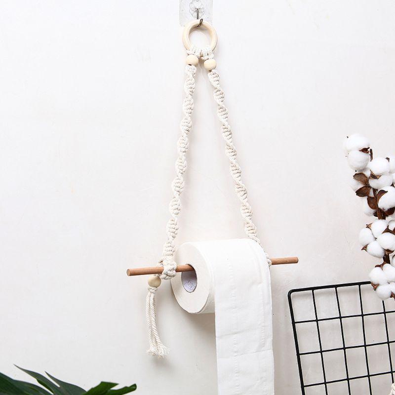 2Pcs Nordic Macrame Wall Hanging Wooden Stick Toilet Paper Holder Towel Hanger Decor