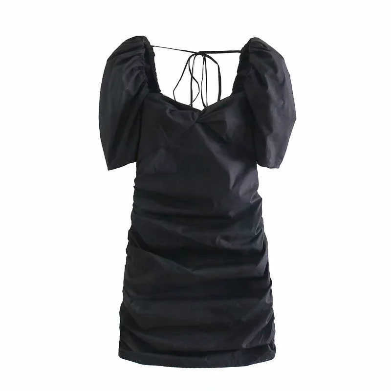 Dres solid French square collar pleated slim open back lace up bubble sleeve women's Mini Skirt 04 210628