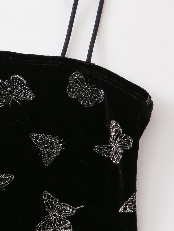 Girls Knot Strap Split Hem Butterfly Pattern Velvet Slip Dress SHE