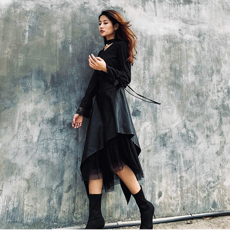LANMREM Spring Autumn PU Leather Skirt In The Long Section Of High Waist Aline Long Irregular Mesh Skirt 19Ba444 210306