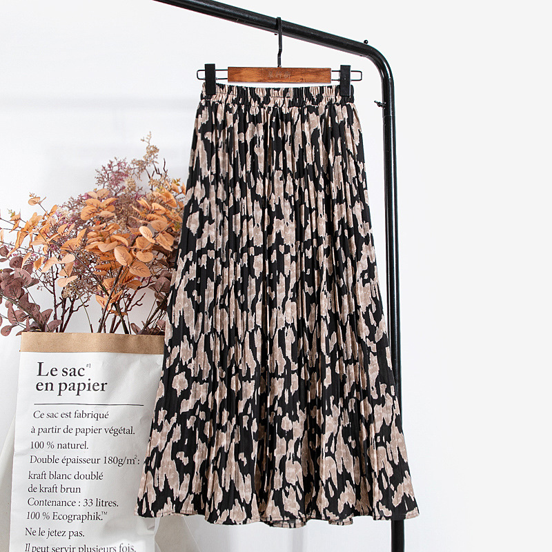 TIGENA Leopard Print Long Maxi Pleated Skirt Women Fashion Spring Summer Korean Elastic High Waist Chiffon Skirt Female 210306