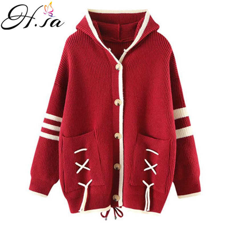 H.SA Autumn Winter Women Hooded Cardigan Warm Knitted Sweater Jacket Pocket Knit Cardigans Coat Lady Loose Sweaters Casual Tops 210716