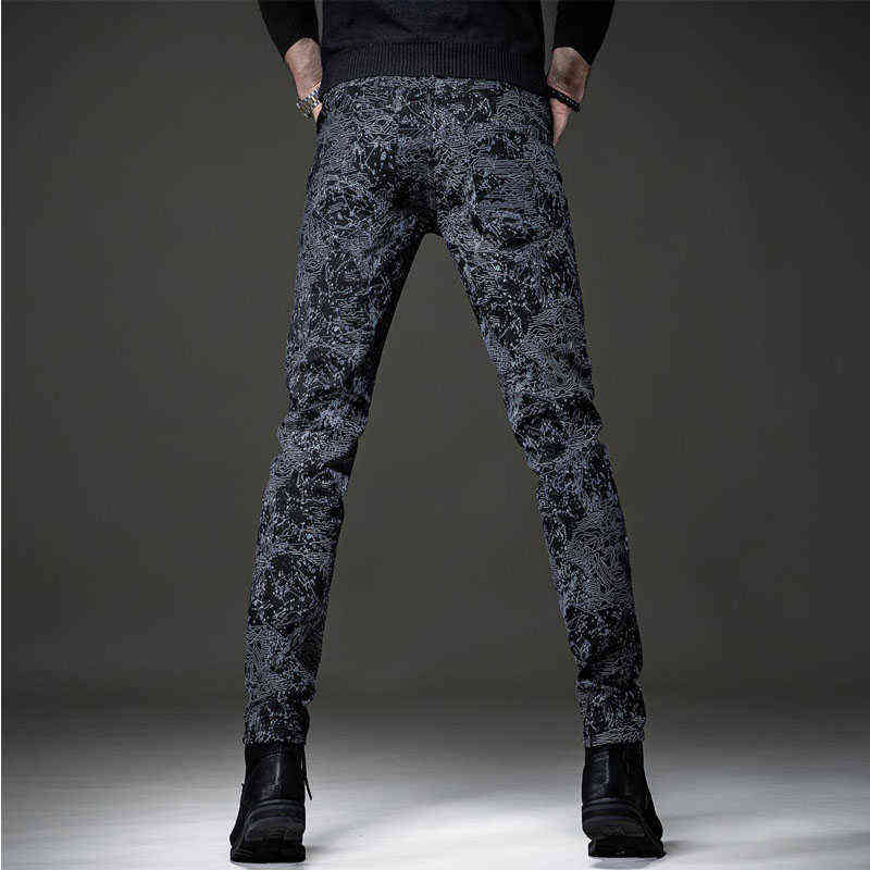 European summer jeans men's slim feet personality graffiti printing black casual long pants men trouser 211111