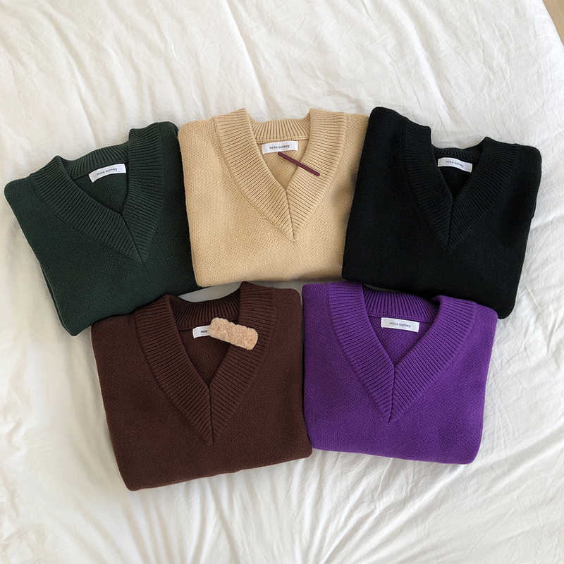 5 colors korean style loose v neck solid color knitted warm sweaters womens sweaters and pullovers (X164) 210918