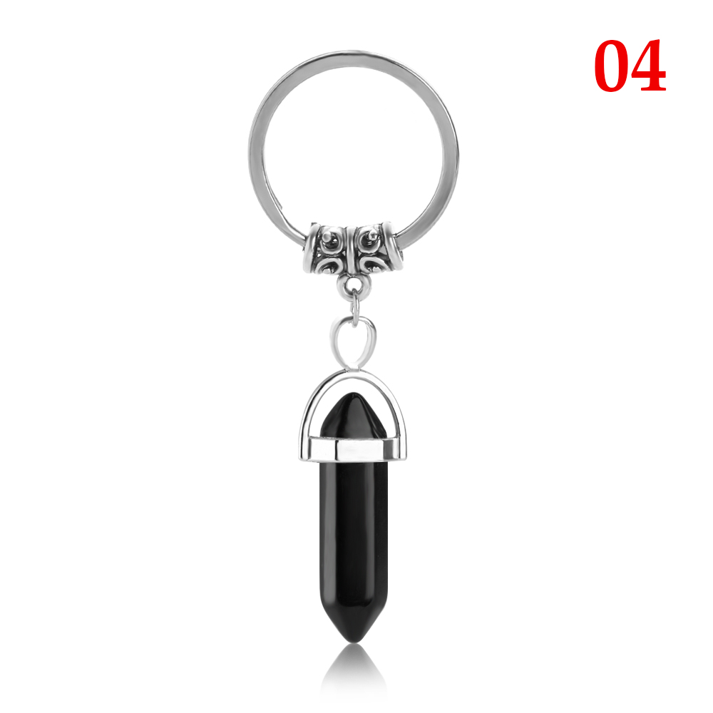 Natural Stone hexagonal prism Keychains Silver Color Healing Pink Crystal Car Decor key rings Keyholder for Women Men