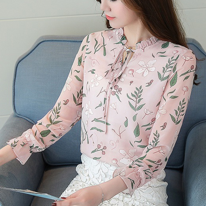 Women Spring Autumn Chiffon Blouses Tops Chiffon Blouses Shirts Ladies Floral Print Blouse Femme Long Sleeve Plus Size Blusas 90 210225