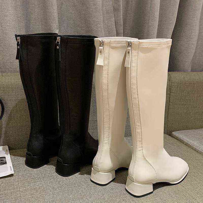 2021 Women Knee High Boots Female Leather Fetish Knight Boots Plus Size Booties Lady Low 4cm High Heels White Autumn Shoes Y1105