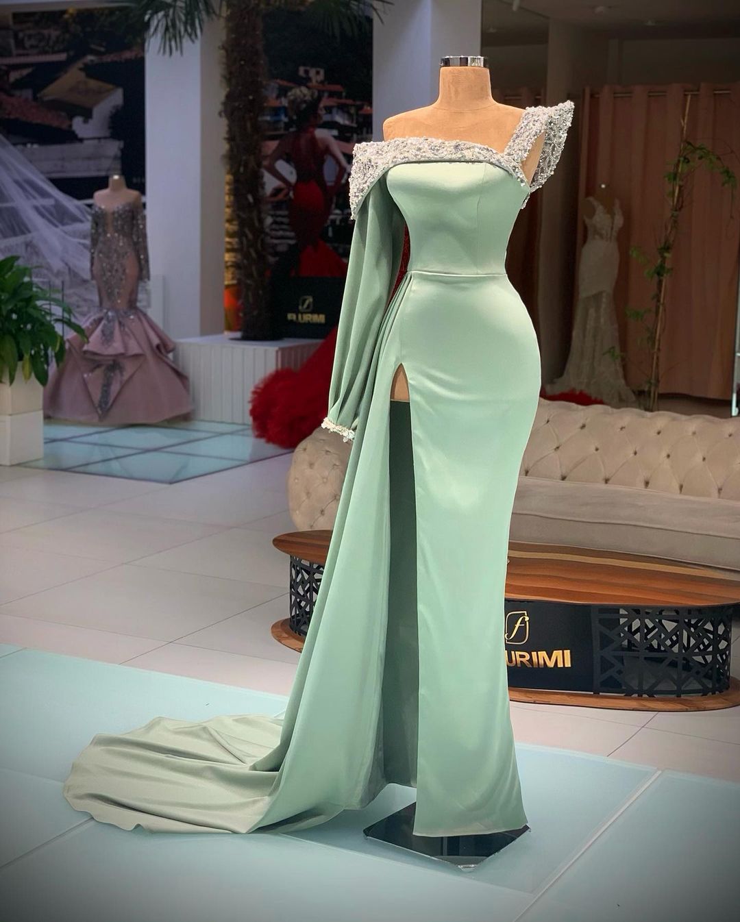 Aso Ebi 2021 Arabic Mint Sexy Sheath Evening Dresses Beaded Crystals Prom Dresses High Split Formal Party Second Reception Gowns ZJ206