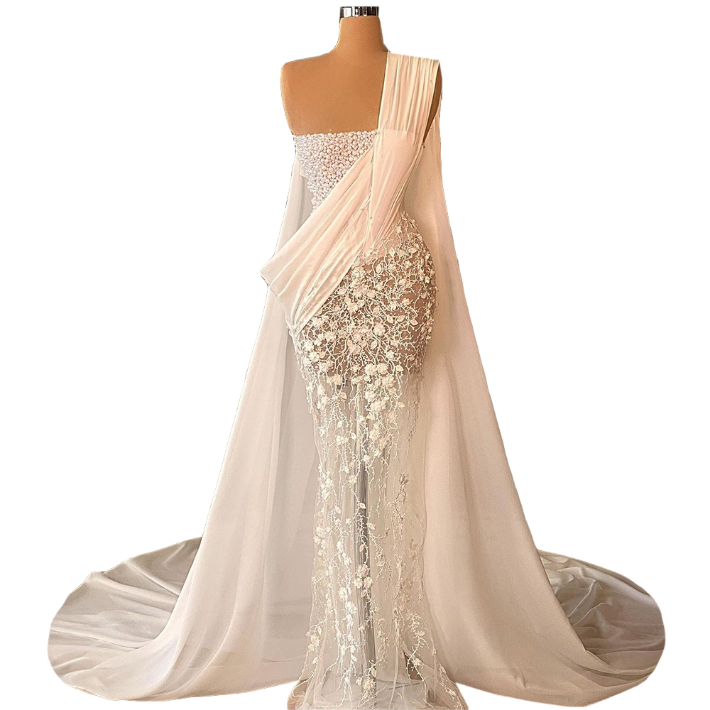 Sexy Illusion Pearls Mermaid Wedding Dress 3D Lace Appliques One Shoulder Bridal Gowns De Soiree Turkish Couture Dubai Beads Custom Made