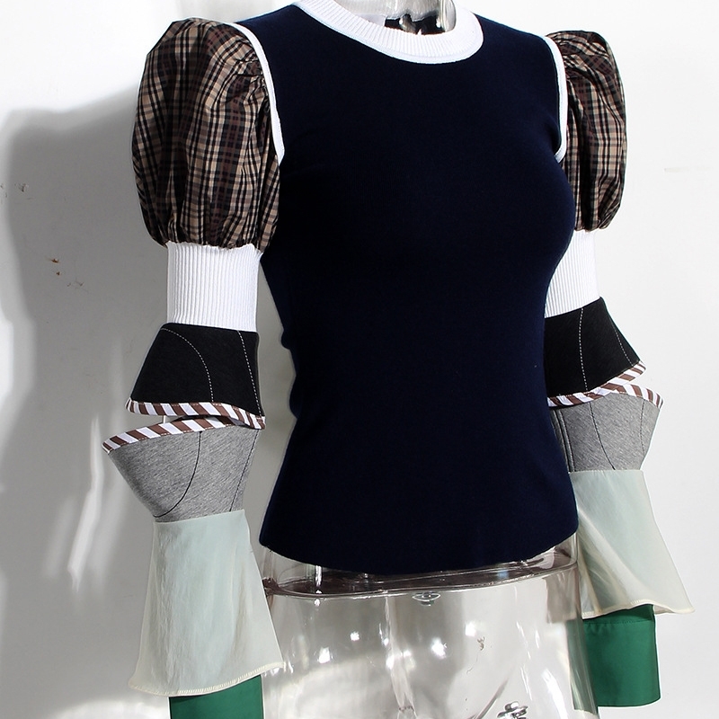 [EAM] Women Plaid Split Knitting Temperament T-shirt New Round Neck Long Puff Sleeve Fashion Tide Spring Summer 2021 1T923 210302