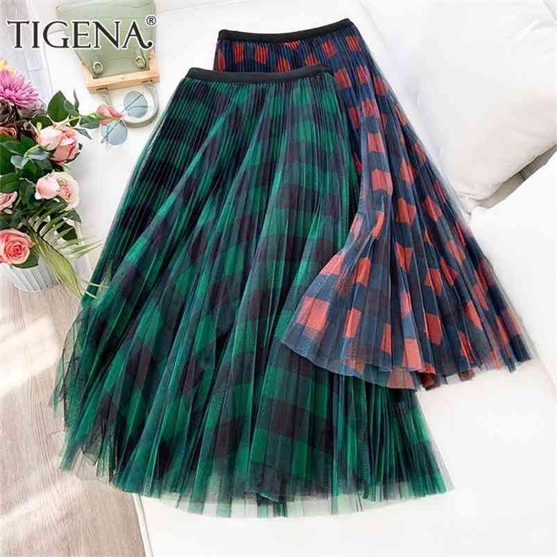 TIGENA Long Plaid Tulle Skirt Women Fashion Summe Elegant A Line High Waist Pleated Checked Maxi Female Ladies Green 210621