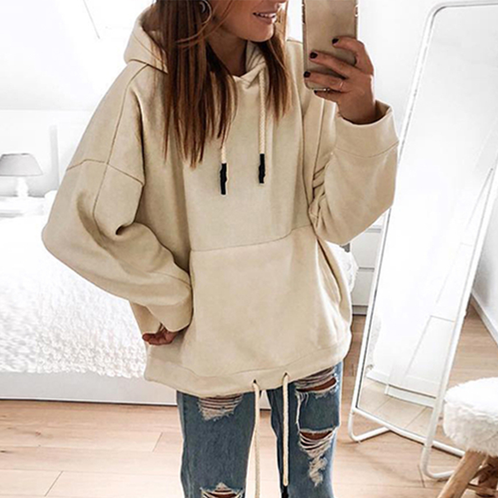Hoodies Stylish Drawstring Solid Hooded Women Sweatshirt Autumn Winter Girls Big Pockets Pullover Lady Korean Hoodie D30 200924
