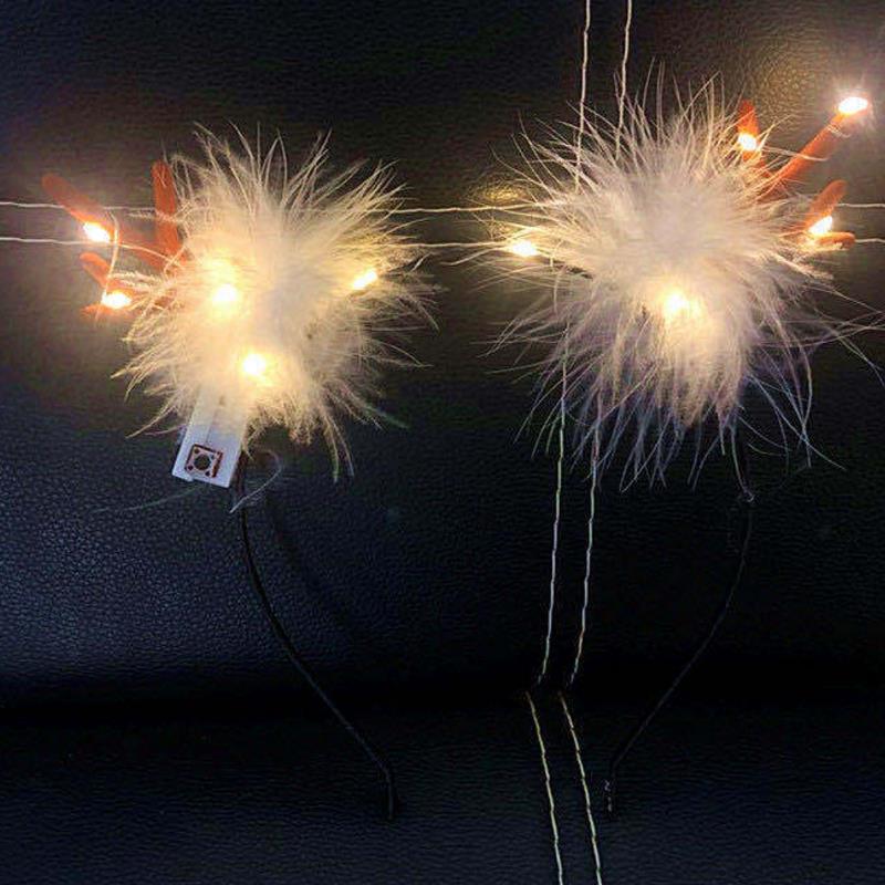 LED Fluffy Feather Antlers Headband Christmas Glowing Light Up Flashing Deer Ears Hairband Costume Fancy Cosplay Party Decor with battery