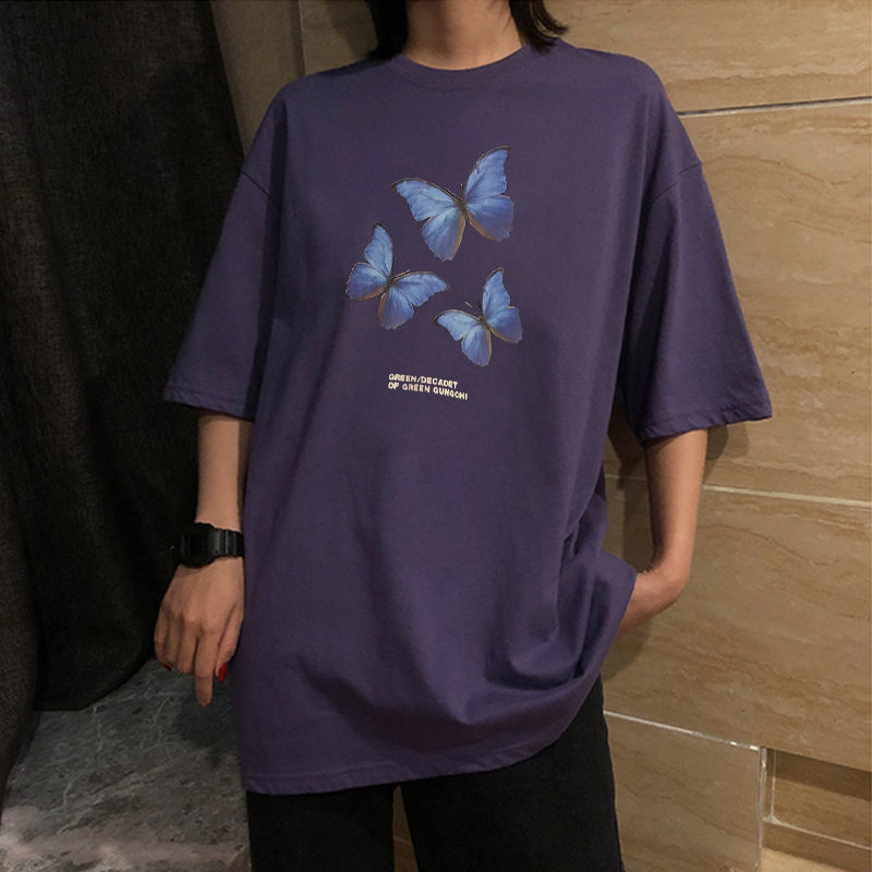 Printed Butterfly T-Shirts Women Loose Causla Short Sleeved T-Shirt Female Korean Fashion Bottoming Shirt Top Summer Tees O-Neck 210306