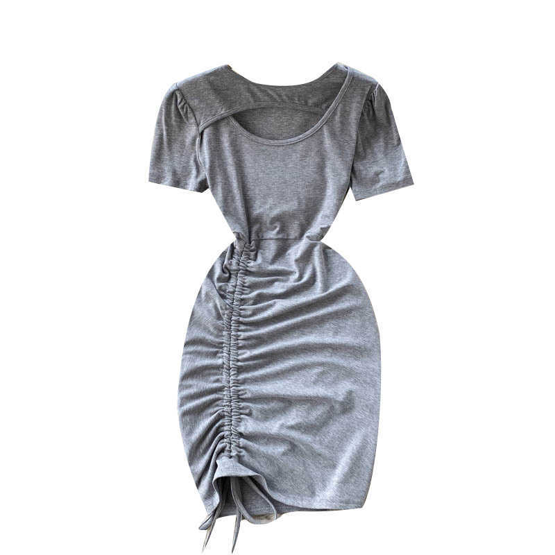 DEAT Women Drawstring Hollow Out Dress Round Neck Short Sleeve Arrivals Lady Sexy Fashion Spring Summer 11D1573 210709