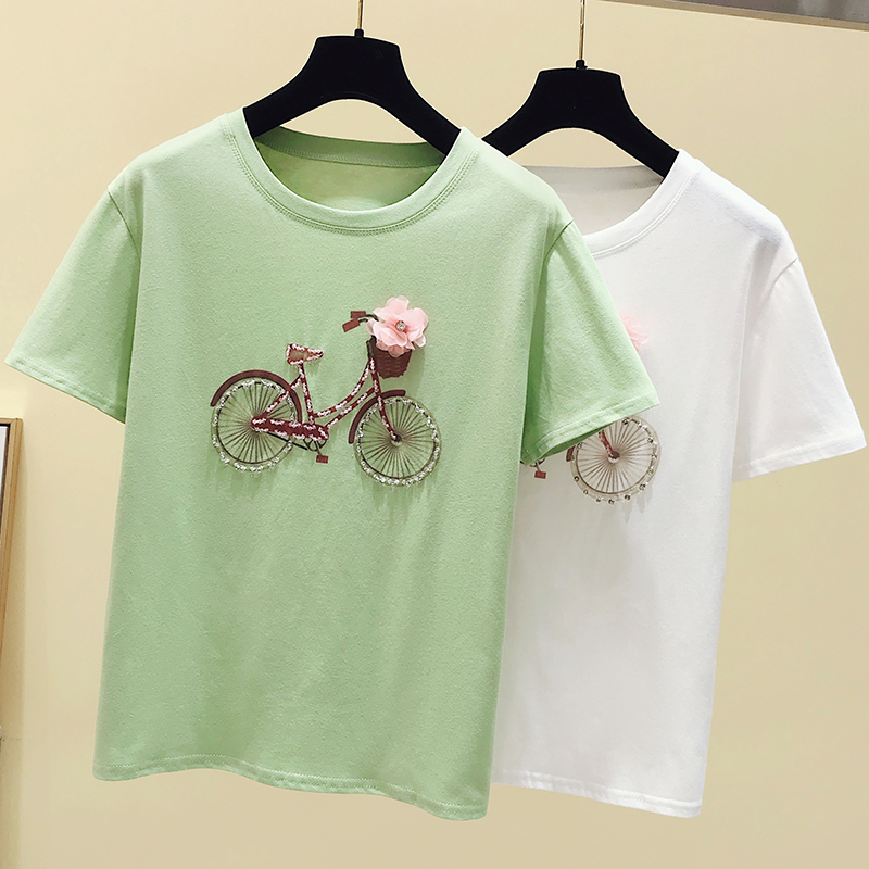 Beading T Shirt Women Clothes New Fashion Summer Tops Short Sleeve Tshirt Woman TShirt Korean Style Tee Shirt Femme Green T200614