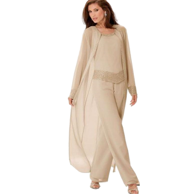 Summer Champagne Chiffon Mother Of The Bride Suits With Long Jacket Groom Bridal Mothers Formal Wedding Party Gowns Women Plus Size Pants Suit Evening