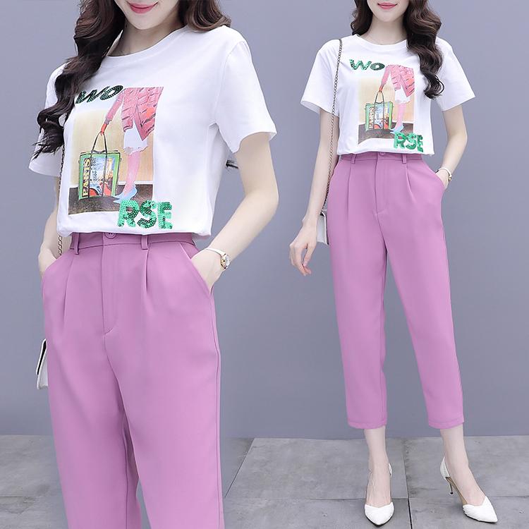 Women's Two Piece Pants Summer Print Sequins Sweatshirt Purple Pnats Korean Fashion Career Pcs Suit Leisure Outfit Top Set Clothing