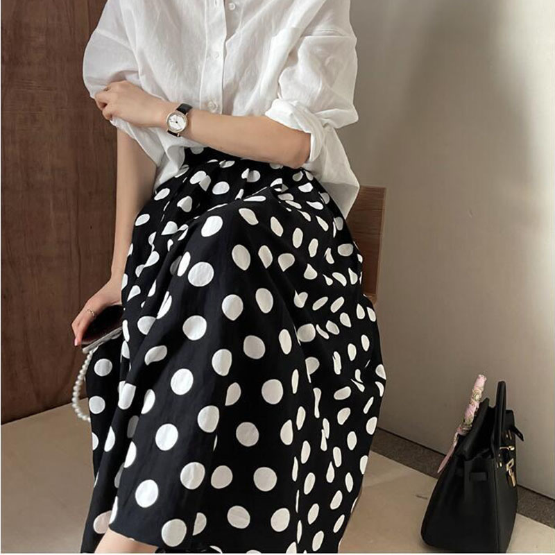 Casual Polka Dot Skirt High Waist Loose Thin French A-line Large Pleated Fashion Summer Women's 2P1666 210526