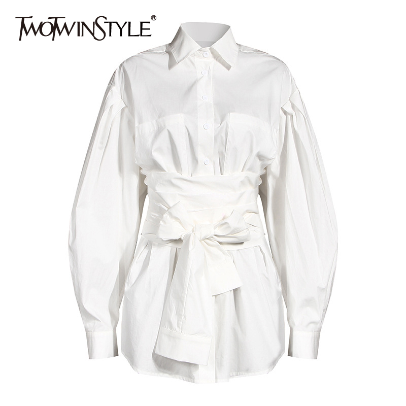 TWOTWINSTYLE White Bowknot Shirt For Women Lapel Lantern Sleeve Bandage High Waist Casual Blouse Female Autumn New Tide 210225
