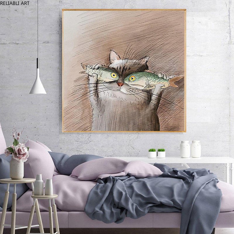 Nordic Modern Wall Art Canvas Painting Cartoon Cat With Fish Posters And Prints For Kids Room Cute Animal Home Decoration