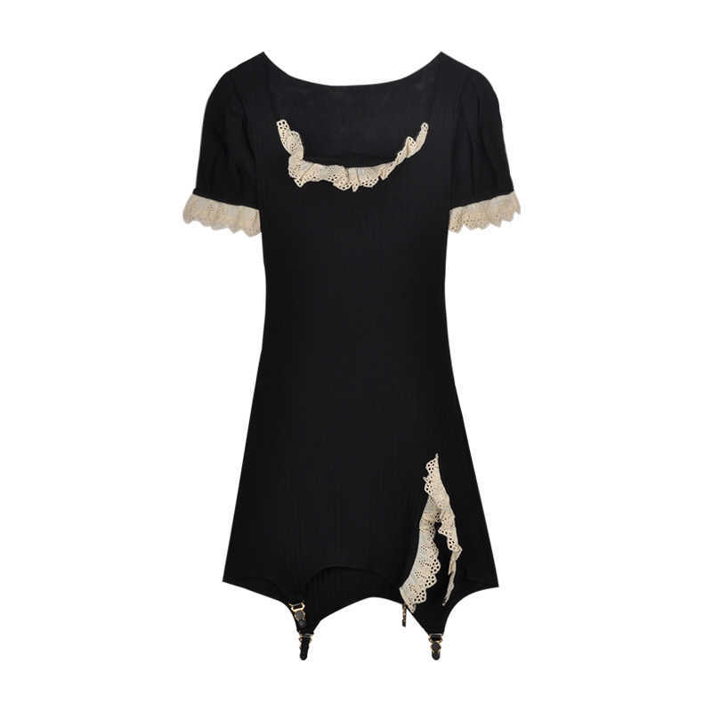 French Lace Stitching Jersey Dress Summer Platycodon Grandiflorum Fairy Dress Sexy Temperament Dress 210630