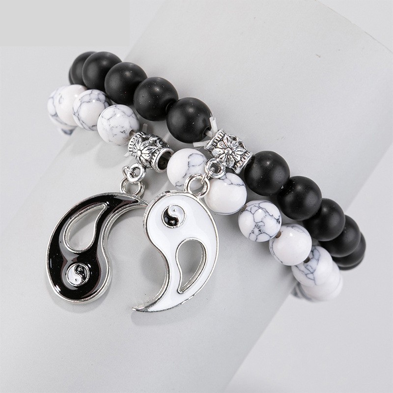 Lovers Gift Jewelry Enameled Yin Yang Gossip Charm White Turquoise Black Beads Strands Bracelet