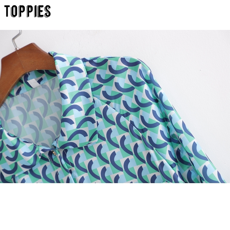 Geometric Print Shirt Women Summer Midi Dress Long Sleeve Single Breasted T200603 B4