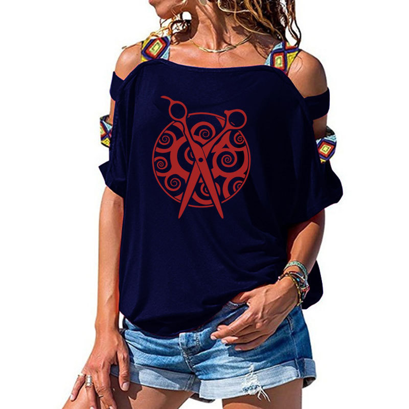 New Hairdressing Beauty Salon funny T-Shirt Women Loose Cotton Short Sleeve Female T-shirts Fashion Hollow Out Shoulder Tees 210306