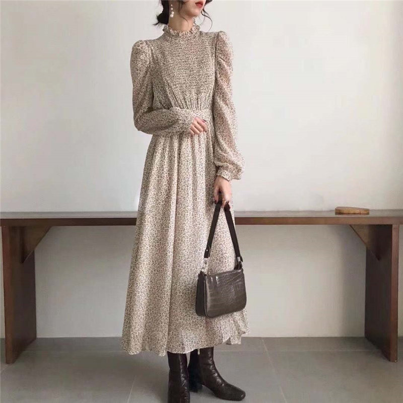 HziriP Style Retro Chic Office Lady Elegant Print ALine Floral Gentle FullSleeved WaistControlled Long Dresses 210309