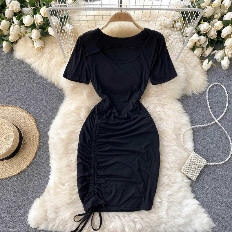 DEAT Women Drawstring Hollow Out Dress Round Neck Short Sleeve Arrivals Lady Sexy Fashion Spring Summer 11D1573 210709