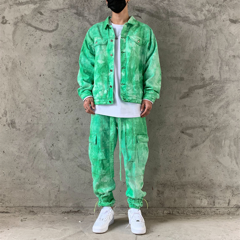 2 Pieces Sets Men Fashion Tie-dyed Single Breasted Denim Jeans Jacket Coat and Loose Fit Zipper Pants Joggers Streetwear Sets 201210