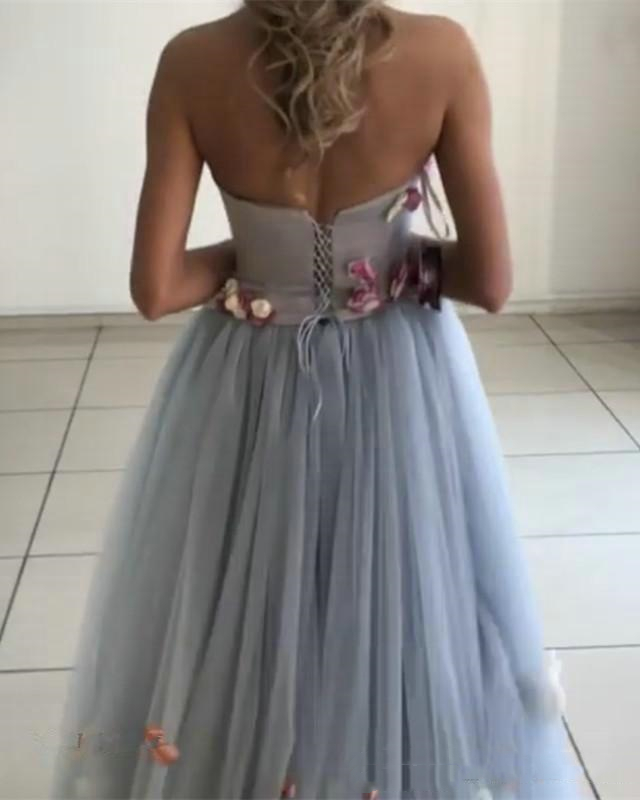 Pale Blue Corset Tulle Prom Dresses A Line Sweetheart Strapless Appliques 3D Floral Flowers Plus Size Special Occasion Dress Evening Gowns