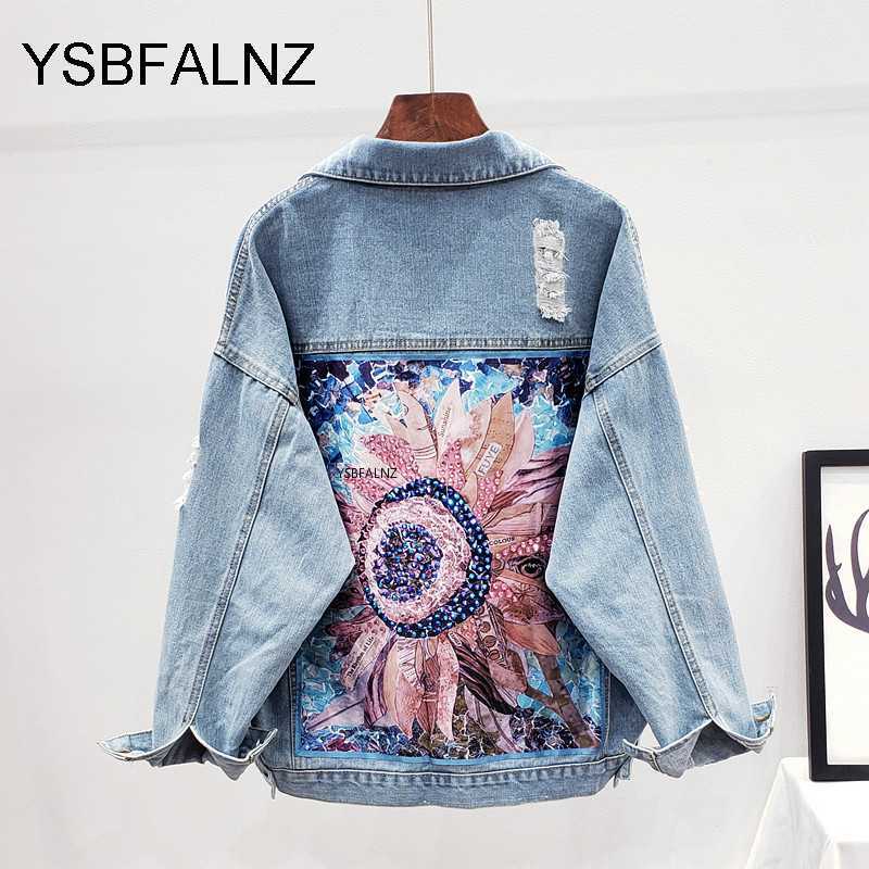 Women Denim Jacket feminine Spring Autumn Boho Sequin Floral Appliques Embroidery Coat Long Sleeve Outerwear Female Veste femme 210928