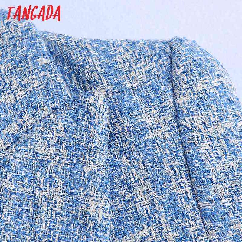 Tangada Women Double Breasted Tweed Blue Blazers Coat Office Lady Long Sleeve Pockets Female Outerwear BE508 211122