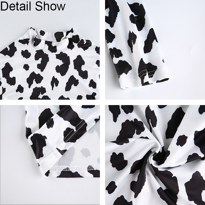 Skinny Tie Dye Women T Shirt Harajuku Slim Milk Cow Print Stand Collar Long Sleeve Sexy Crop Top Tee Fashion Clothes Rapwriter 210302